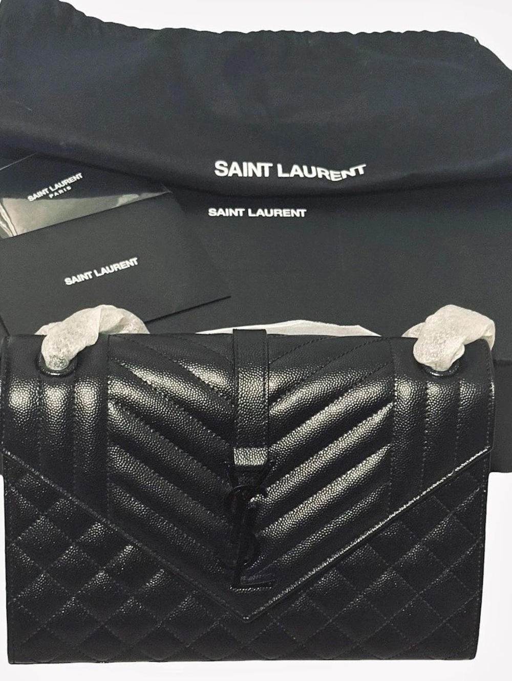 NWT Saint Laurent Envelope Medium Bag Mix Matelassé Black Leather Monochrome Box